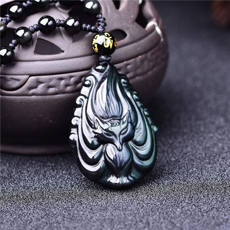 Fortune Jewel Natural Rainbow Obsidian Nine Tailed Fox Inner Peace Necklace Beaded String Pendant
