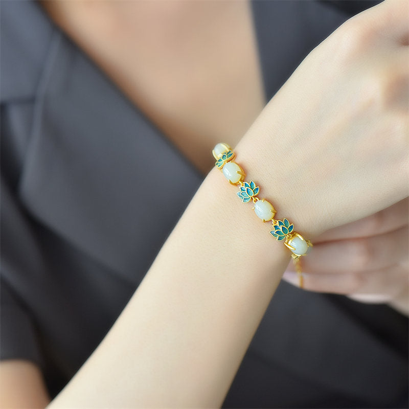 Fortune Jewel White Jade Cyan Jade Lotus Protection Bracelet Fortune Jewel
