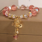 Fortune Jewel Natural Strawberry Quartz Healing Positive Butterfly Charm Bracelet