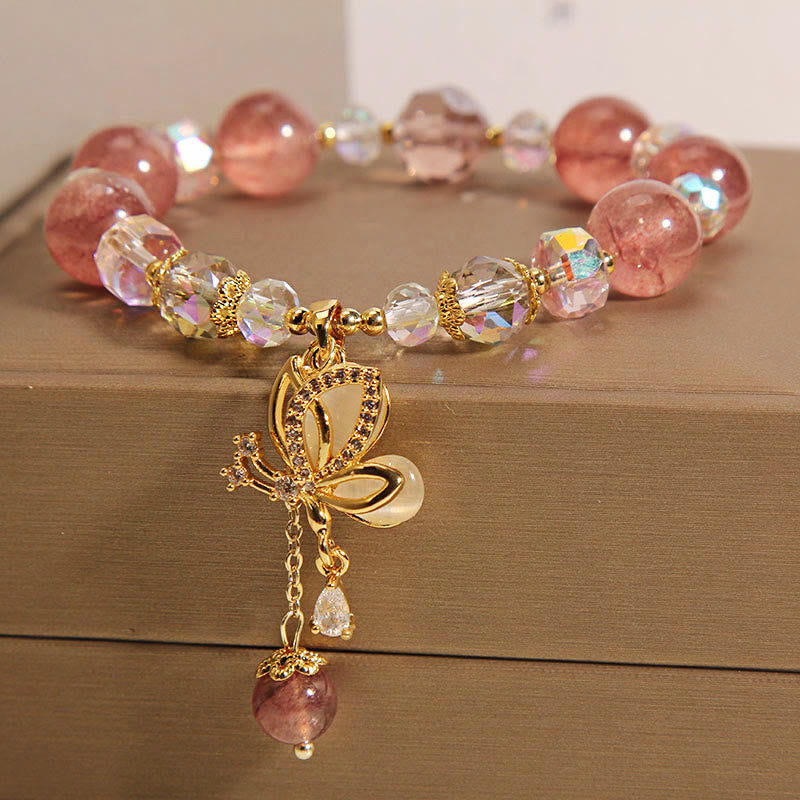 Fortune Jewel Natural Strawberry Quartz Healing Positive Butterfly Charm Bracelet