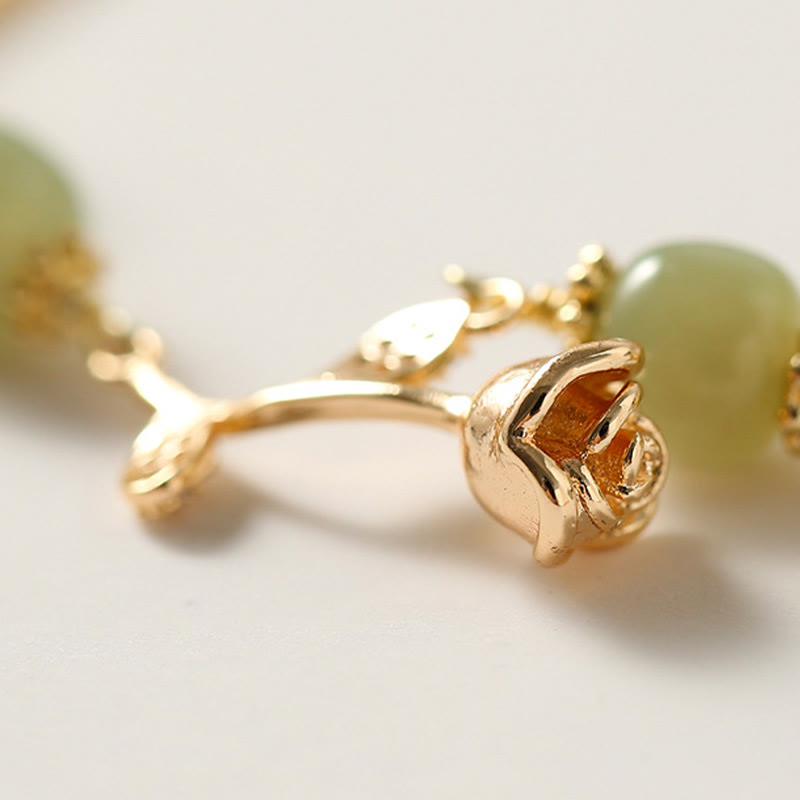 Fortune Jewel 14K Gold Plated Hetian Jade Golden Rose Flower Luck Chain Bracelet