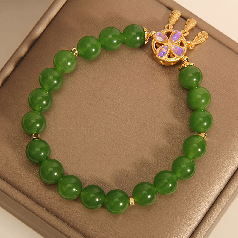 Fortune Jewel Green Jade Dreamcatcher Four Leaf Clover Luck Bracelet