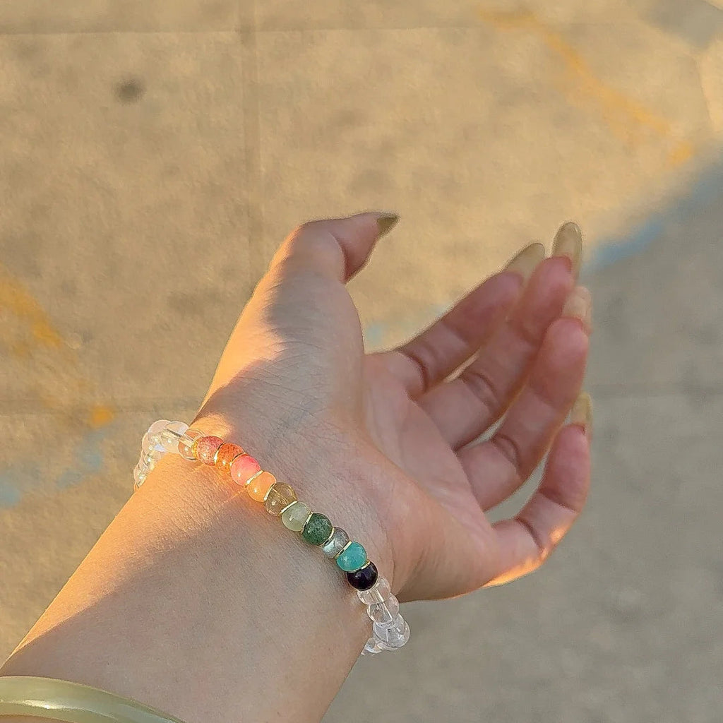 Tibetan Angled-Cut White Crystal Bracelet with Multicolor Crystals – Top-Grade Clear Quartz, Stress-Relieving & Meditation-Friendly
