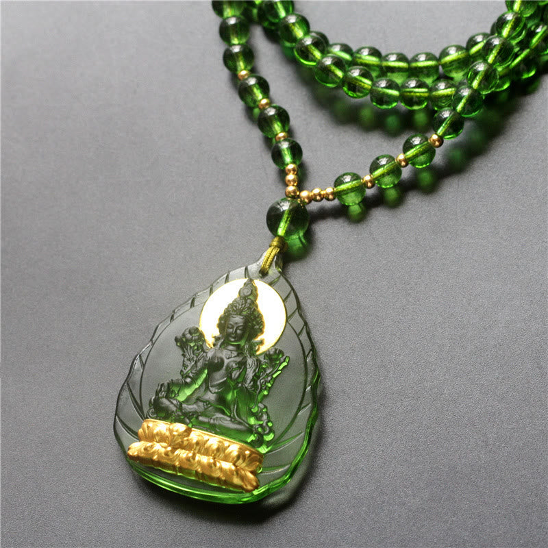 Fortune Jewel Tibetan Green Tara Buddha Gold Plated Liuli Crystal Protection Necklace Pendant Fortune Jewel
