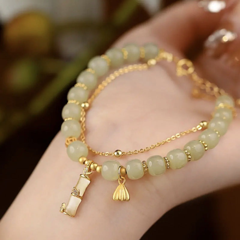 Fortune Jewel Natural Hetian Jade Prosperity Lotus Bamboo Charm Bracelet