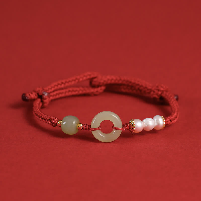 Fortune Jewel Natural Hetian Jade Pearl Peace Buckle Luck Bracelet