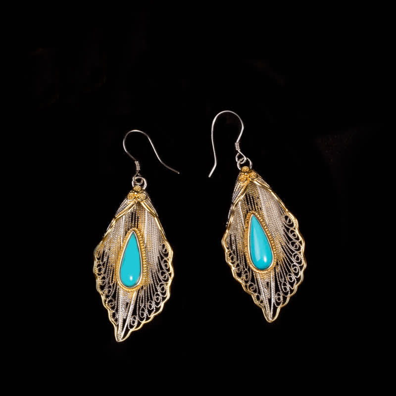 Fortune Jewel 925 Sterling Silver Turquoise Bodhi Leaf Pattern Protection Drop Dangle Earrings