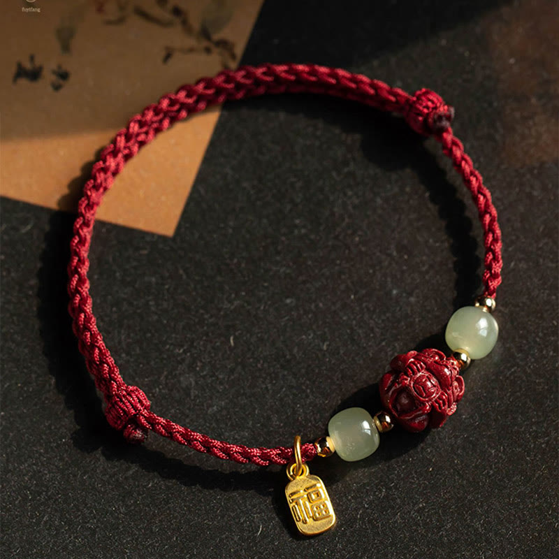Fortune Jewel Natural Cinnabar Chinese Zodiac Hetian Jade Fu Character Luck Rope Bracelet