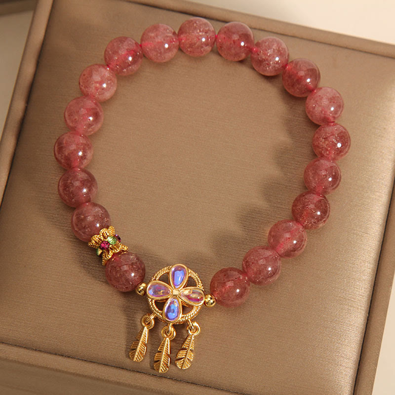 Fortune Jewel Natural Strawberry Quartz Four Leaf Clover Dreamcatcher Charm Love Bracelet