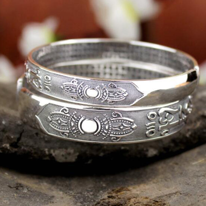 Fortune Jewel Tibetan Sanskrit White Copper Meditation Prayer Bracelet Bangle
