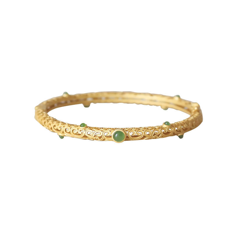 Fortune Jewel Cyan Jade Copper Auspicious Clouds Calm Healing Bracelet Bangle