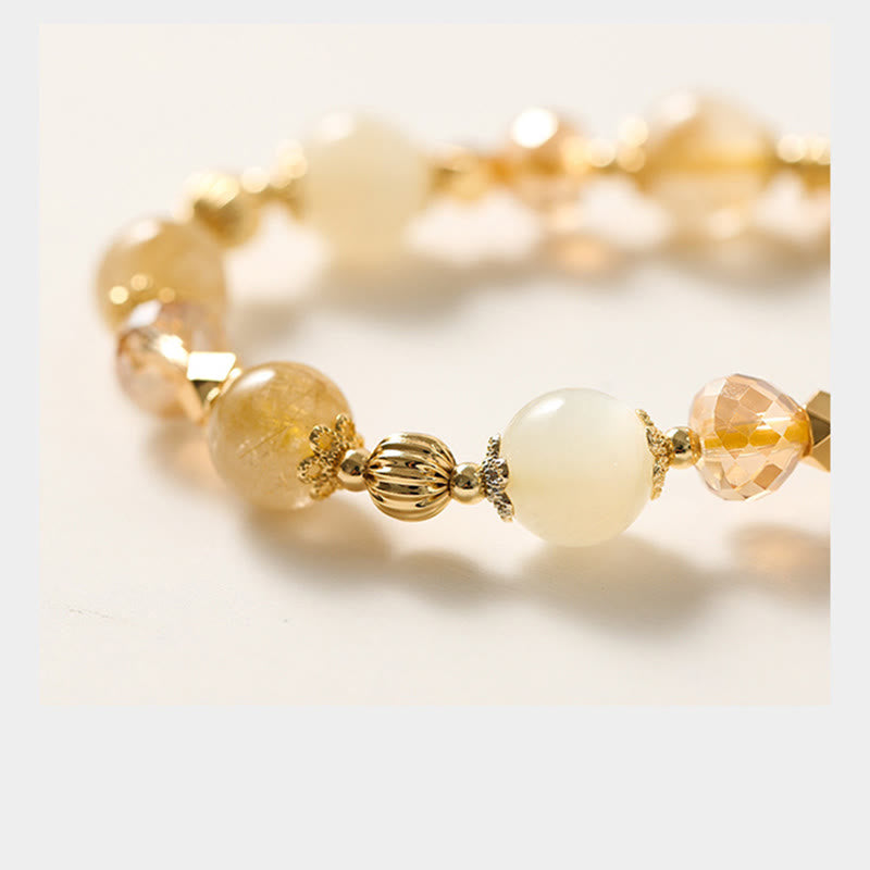 Fortune Jewel 14K Gold Plated Golden Rutilated Quartz Wealth Bell Lucky Fortune Charm Bracelet