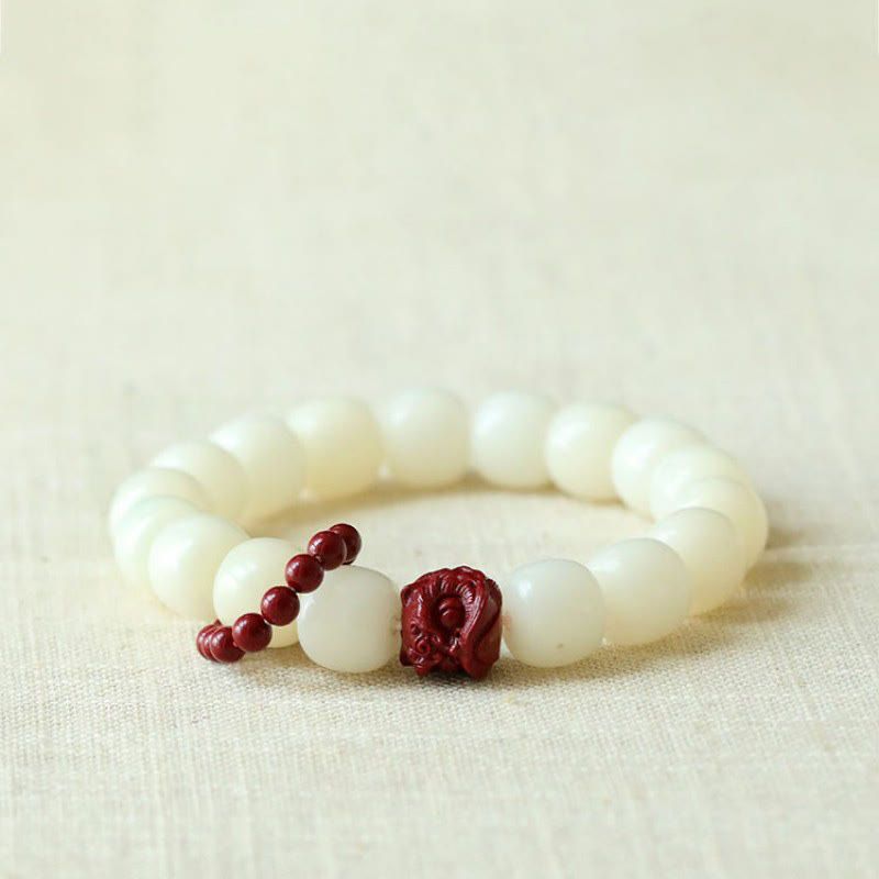 Fortune Jewel Natural Bodhi Seed Cinnabar Dancing Lion Charm Wisdom Harmony Wrist Mala