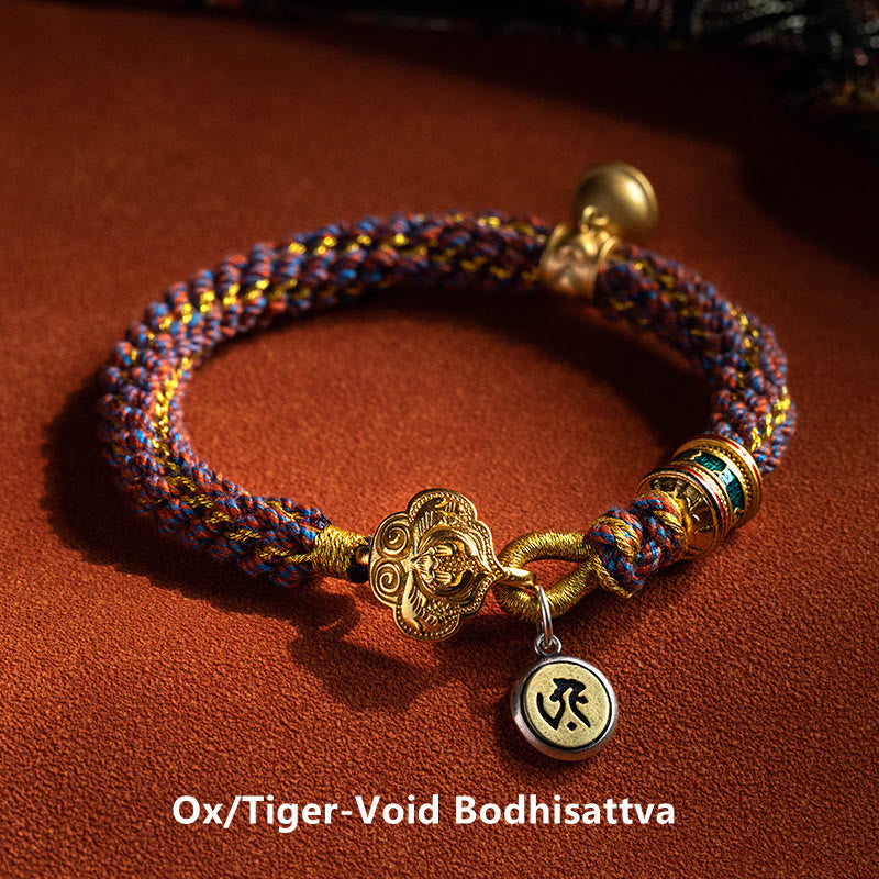 Fortune Jewel 925 Sterling Silver Chinese Zodiac Natal Buddha Om Mani Padme Hum Luck Bell Braided String Bracelet