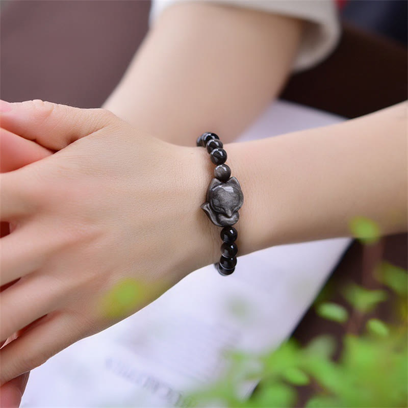 Fortune Jewel Natural Silver Sheen Obsidian Fox Protection Bracelet