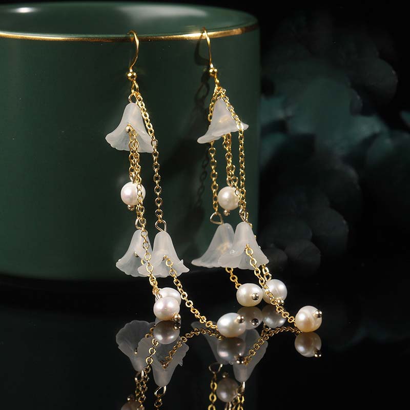 Fortune Jewel Pearl Flower Petals Luck Drop Earrings