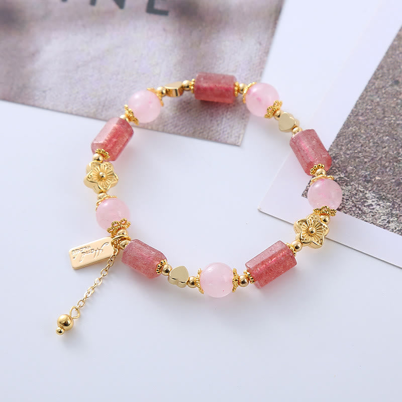 Fortune Jewel Strawberry Quartz Pink Crystal Love Heart Flower Positive Bracelet