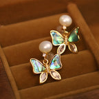 Fortune Jewel 18K Gold Plated Copper Natural Shell Pearl Butterfly Sincerity Stud Earrings