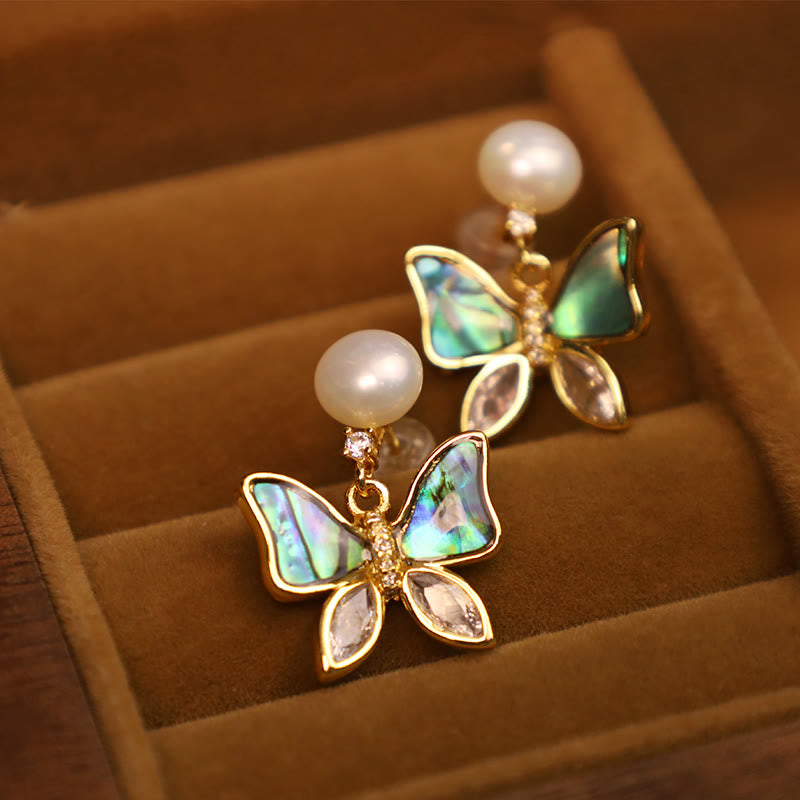 Fortune Jewel 18K Gold Plated Copper Natural Shell Pearl Butterfly Sincerity Stud Earrings