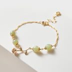 Fortune Jewel 14K Gold Plated Hetian Jade Golden Rose Flower Luck Chain Bracelet