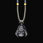 Fortune Jewel Natural Silver Sheen Obsidian Laughing Buddha Protection Necklace Pendant