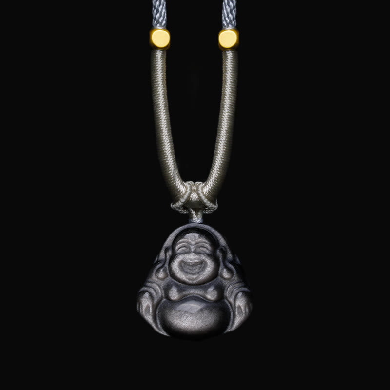 Fortune Jewel Natural Silver Sheen Obsidian Laughing Buddha Protection Necklace Pendant