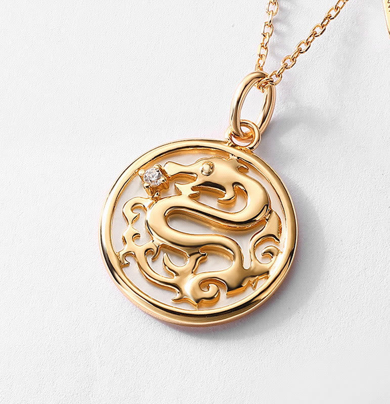 Buddha Stones 925 Sterling Silver Tridacna Stone Year of the Dragon Fu Character Luck Strength Necklace Pendant