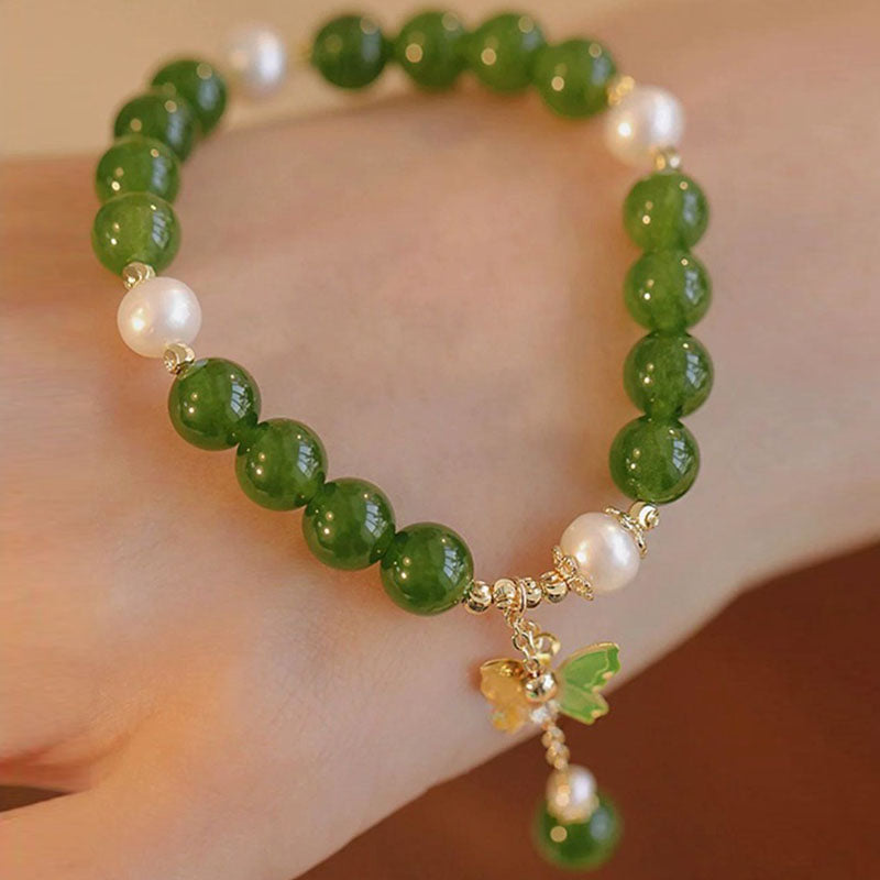 Fortune Jewel Natural Green Chalcedony Pearl Butterfly Courage Strength Bracelet