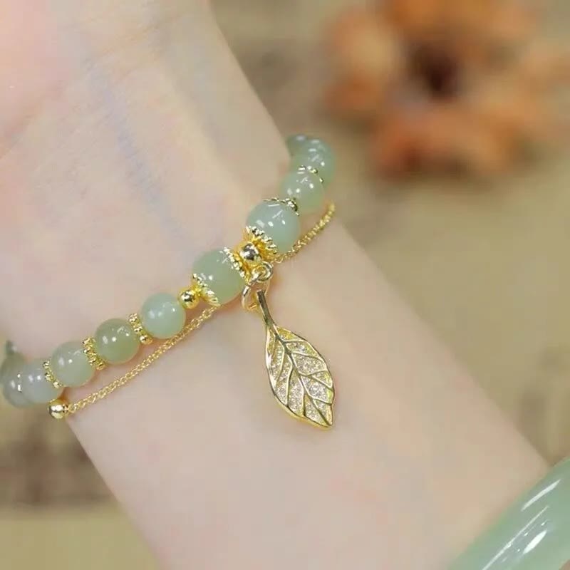 Fortune Jewel Jade Leaf Ginkgo Tulip Peanut Fu Character Luck Beaded Bracelet