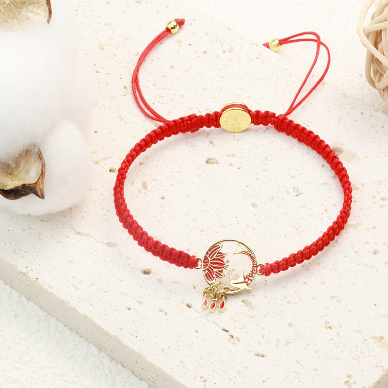 Fortune Jewel Tibetan Handmade Lotus Koi Fish Lucky Red String Bracelet