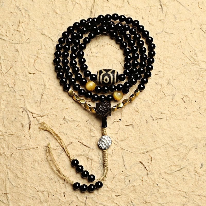 Fortune Jewel Tibetan 108 Mala Beads Black Onyx Three-eyed Dzi Beads Protection Bracelet