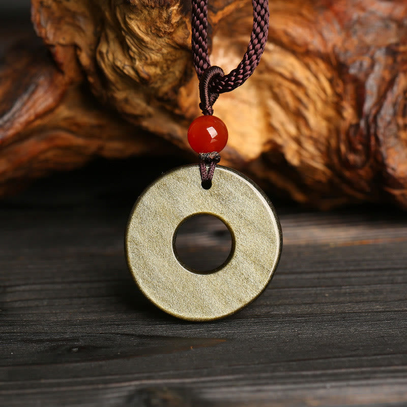 Fortune Jewel Gold Sheen Obsidian Peace Buckle Pixiu Copper Coin Wealth Necklace Pendant