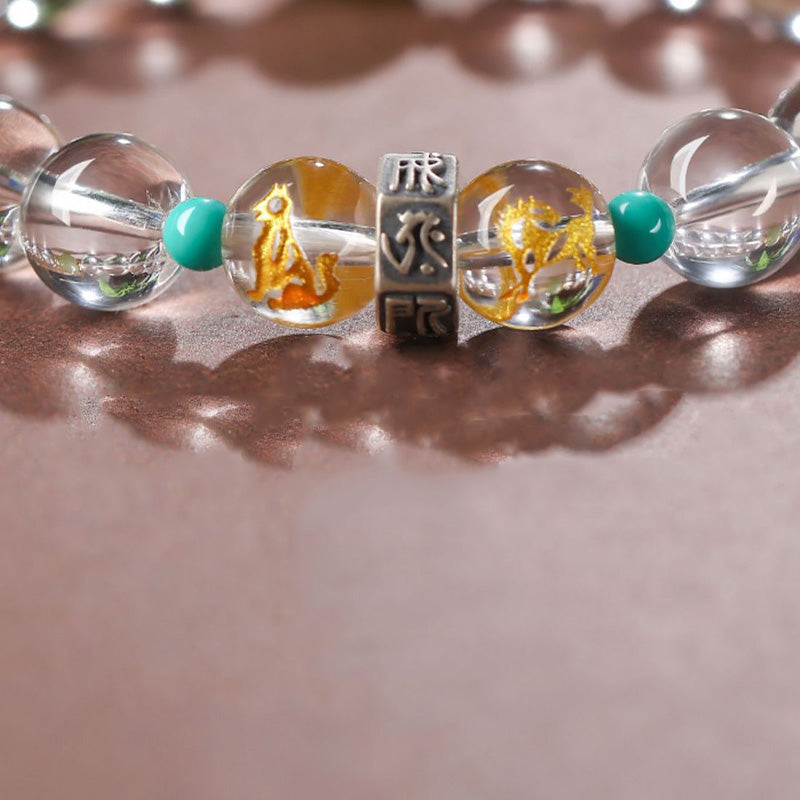 Fortune Jewel 925 Sterling Silver Chinese Zodiac Natal Buddha Auspicious Groups White Crystal Hetian Jade Healing Bracelet