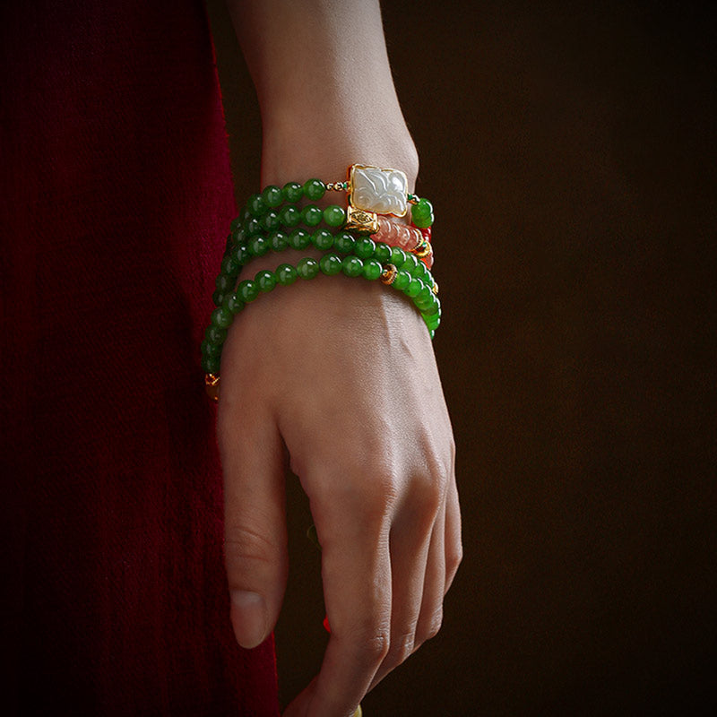 Fortune Jewel 108 Mala Beads Cyan Jade Red Agate Laughing Buddha Luck Bracelet Fortune Jewel