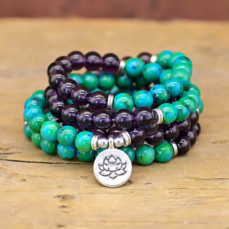 Fortune Jewel Amethyst Green Aventurine Spiritual Lotus Charm Bracelet