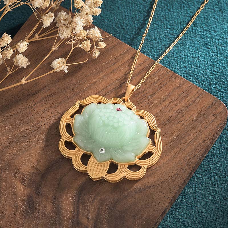 Fortune Jewel Natural Jade Lotus Harmony Necklace Pendant Fortune Jewel