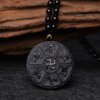Fortune Jewel Natural Black Obsidian Tibetan Om Mani Padme Hum Buddha Swastika Luck Necklace Pendant