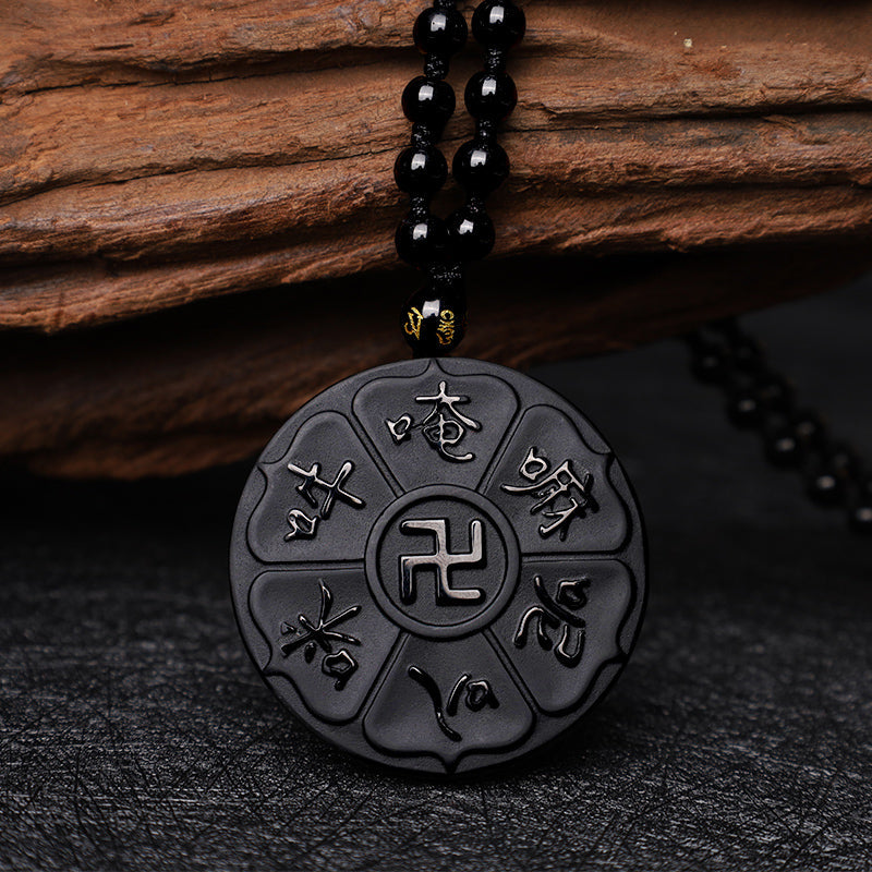 Fortune Jewel Natural Black Obsidian Tibetan Om Mani Padme Hum Buddha Swastika Luck Necklace Pendant