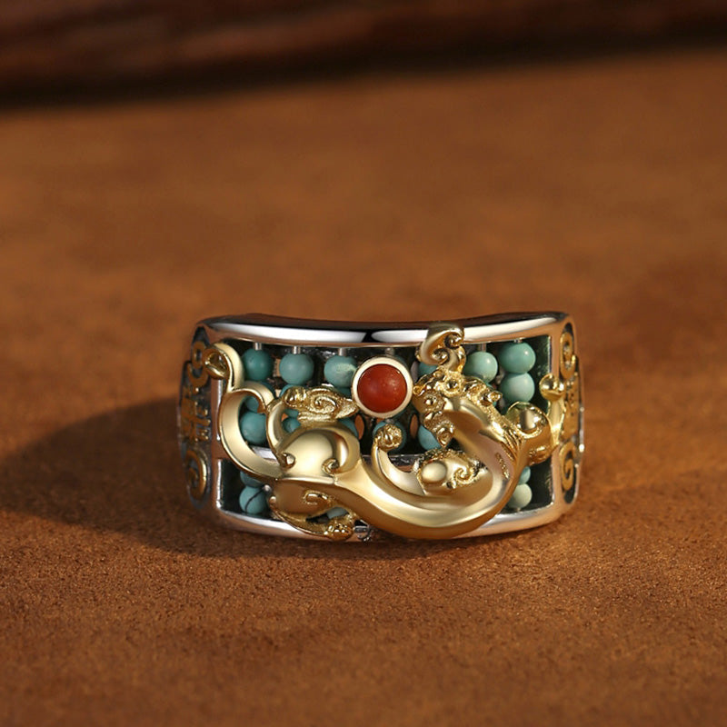 Fortune Jewel 925 Sterling Silver Turquoise Red Agate PiXiu Abacus Protection Ring