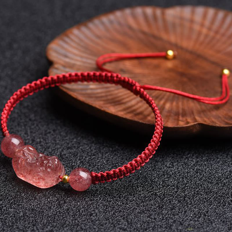 Fortune Jewel Natural Strawberry Quartz PiXiu Lucky Red String Bracelet