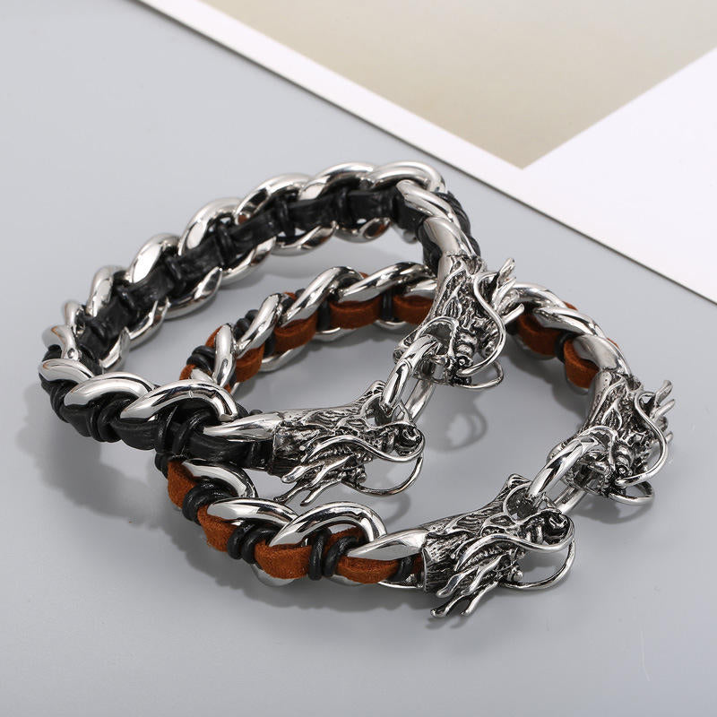 Fortune Jewel Dragon Leather Titanium Steel Protection Luck Braided Bracelet Fortune Jewel