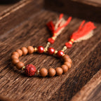 Fortune Jewel Tibetan Natural Peach Wood Cinnabar PiXiu Wealth Tassels Bracelet