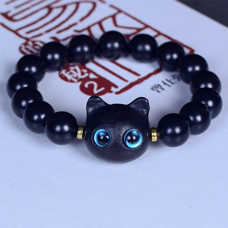 Fortune Jewel Ebony Wood Liuli Glass Lovely Cat Peace Balance Bracelet