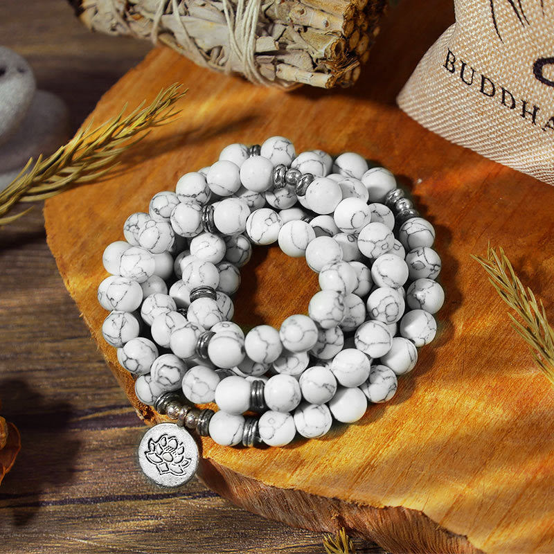 Fortune Jewel White Turquoise Lotus Mala Healing Bracelet