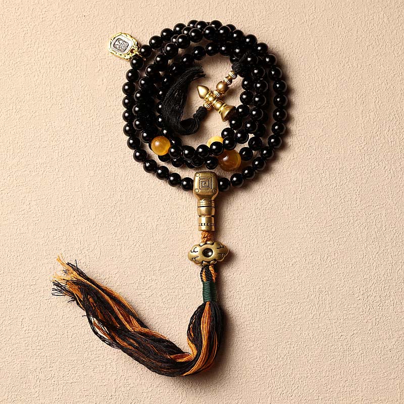 Fortune Jewel Tibetan 108 Mala Beads Black Onyx Tiger Eye Beads Nine Palaces Bagua Protection Bracelet