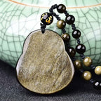 Fortune Jewel Laughing Buddha Gold Sheen Obsidian Wealth Necklace Pendant