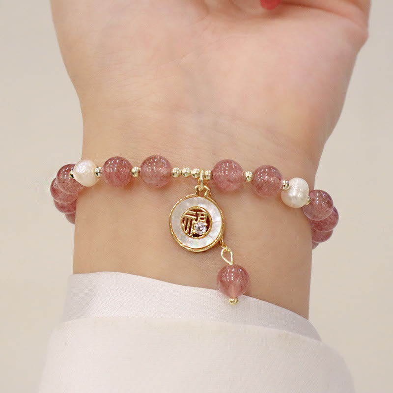 Fortune Jewel Strawberry Quartz Pearl Elk Smiley Face Fishtail Fu Character Charm Healing Bracelet