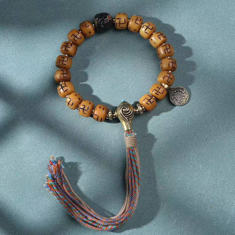 Fortune Jewel Natural Tibetan Camel Bone Swastika Dzi Bead Shankha Buddha Charm Kirtimukha Luck Protection Tassel Bracelet