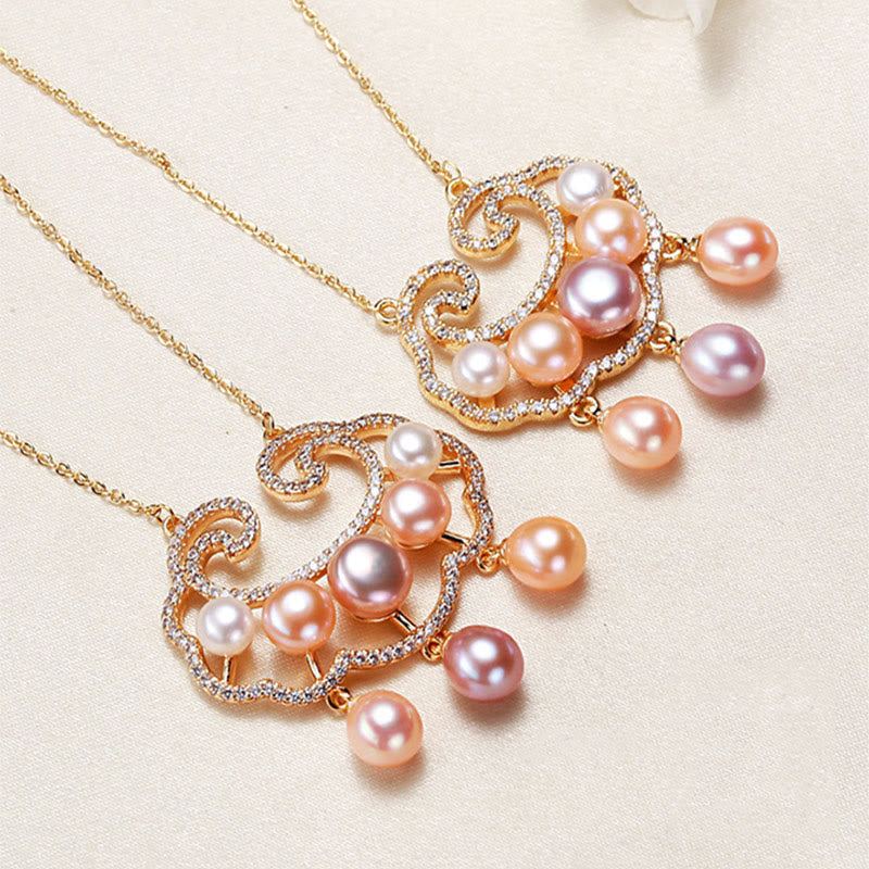 Fortune Jewel 18K Gold Plated Natural Pearl Chinese Lock Charm Sincerity Necklace Pendant
