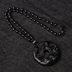 Fortune Jewel Black Obsidian Dragon Phoenix Mandarin Duck Luck Protection Necklace Pendant